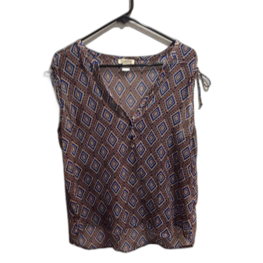 Lucky Brand Large L sheer women's diamond print sleeveless shirt top V neck